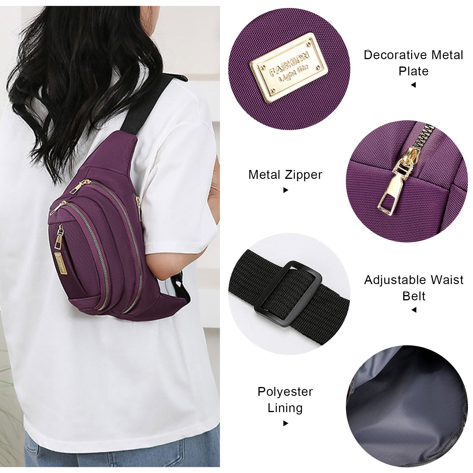 ADUDVLO Bumbags for Ladies Women Men Lightweight Adjustable Bum Bag Fanny Pack with 4 Zipper Pockets,Fashionable Waist Pack for Travel, Running, Hiking, Cycling (Black) — view 37