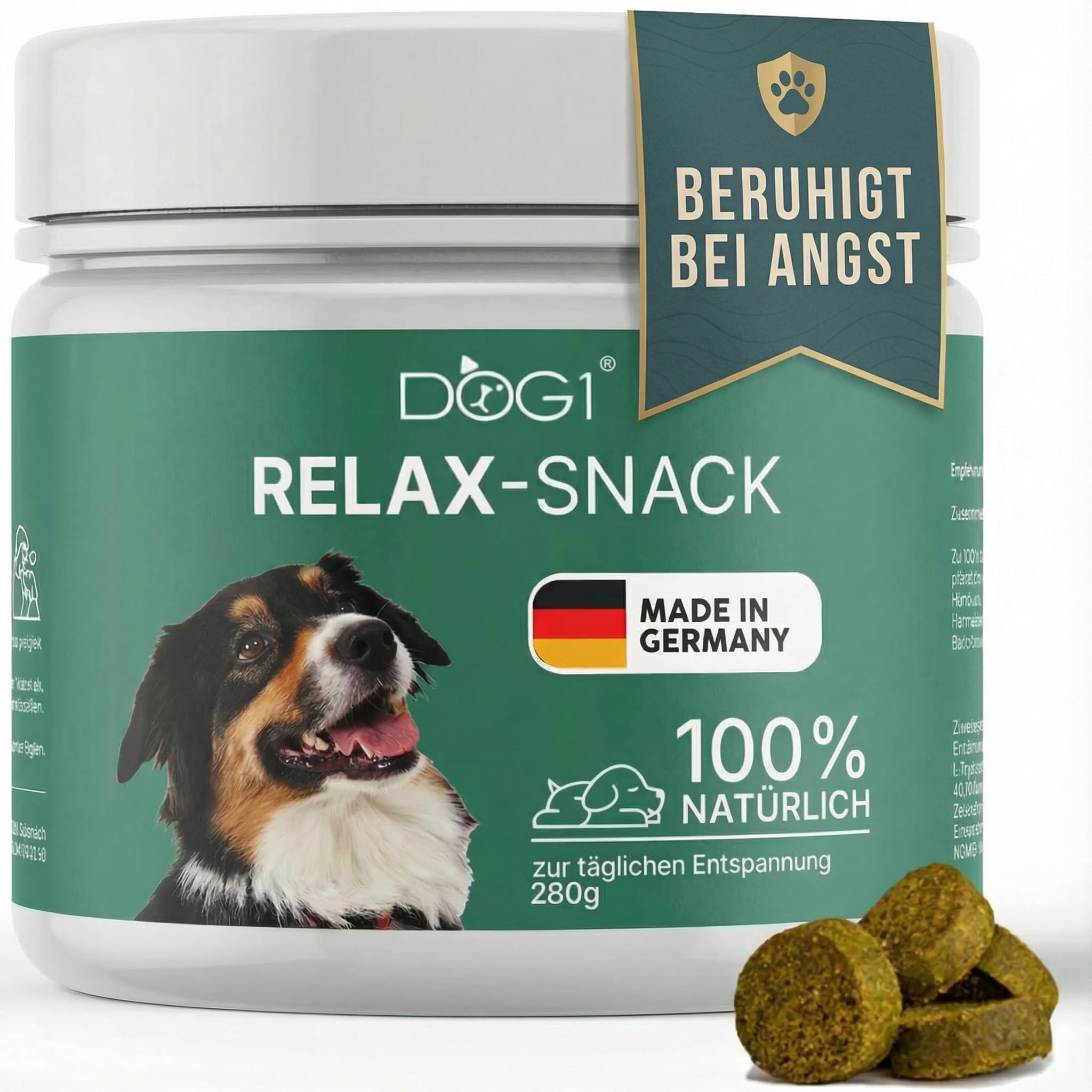 DOG1 Beruhigungsmittel für Hunde – Beruhigungssnack mit Baldrian, Ashwagandha & L-Tryptophan – Natürlich gegen Stress, Angst & Unruhe – für Silvester, Autofahrt, Gewitter – 280g Made in Germany