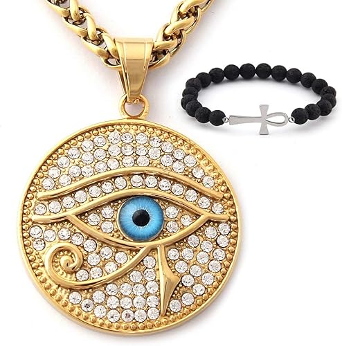 Collar con colgante de ojo de Horus con circonita cúbica, símbolo de protección, chapado en oro egipcio de 18 quilates, joyería de acero inoxidable