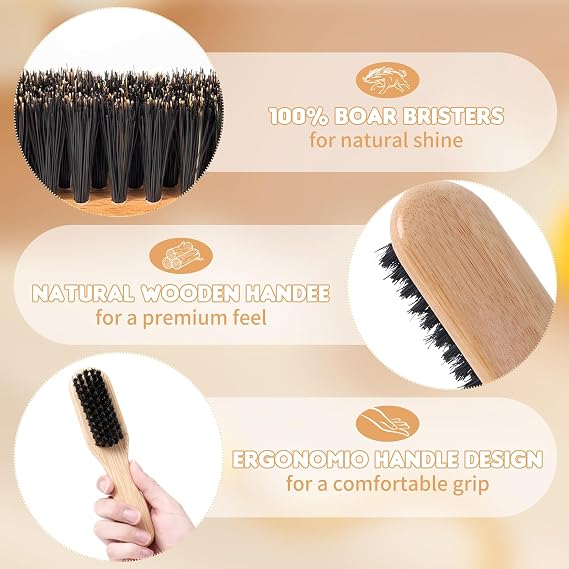 2Pcs Mini Slick Back Hair Brush for Women Men Kid, 6.3 Inch Natural Boar Bristle Hair Brush for Slick Back, Polish & Smooth Men Women Thin to Medium Hair, Beard, Ponytails, Buns