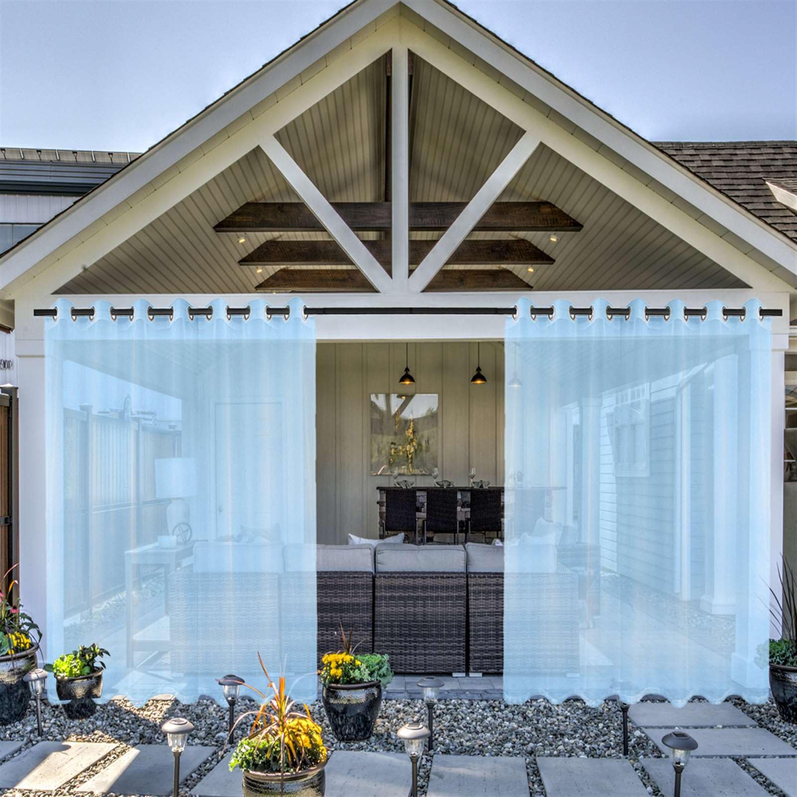Wasserdicht Outdoor Gardinen-Set 2 Stücke Transparent Voile mit Ösen Sonnenschutz und Sichtschutz für Garten Balkon Pavillon Blau 244x254cm(HxB)