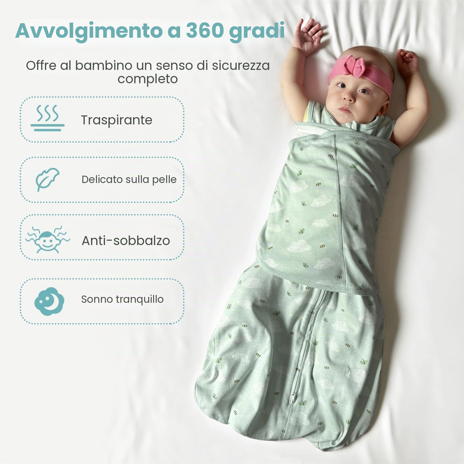 Sacco Nanna Tog 1 Sacco Nanna Neonato 0-6 Mesi 100% Cotone Swaddle Verde