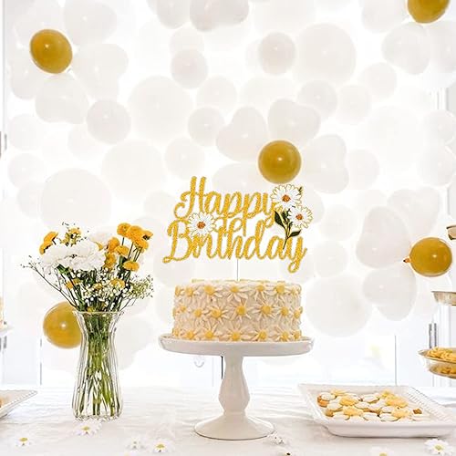 Miniatura 7 de Decoración para pastel de cumpleaños con purpurina dorada, decoración de pastel de margaritas hippie, decoración de verano con temática floral,