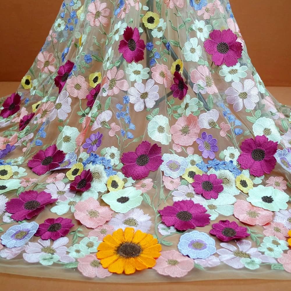 Primst Nastro in pizzo ricamato con fiori colorati in 3D, larghezza 130 cm, per fai da te, abbigliamento fatto a mano, abito da sera, decorazione per la casa (bianco)