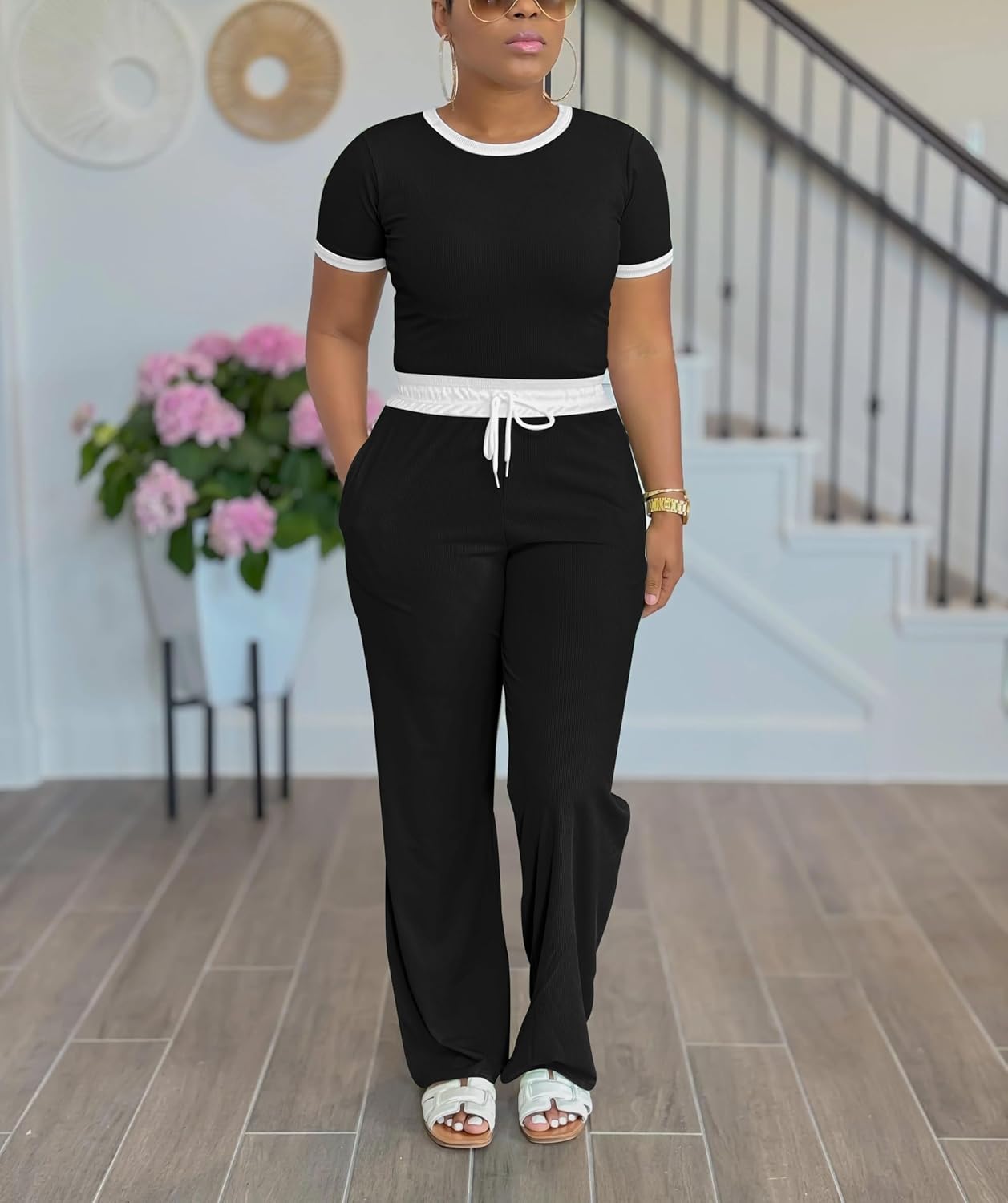 HTD Womens 2 Piece Outfits Casual Sweatsuits Set Short Sleeve Matching Sets Tracksuit - Image 2