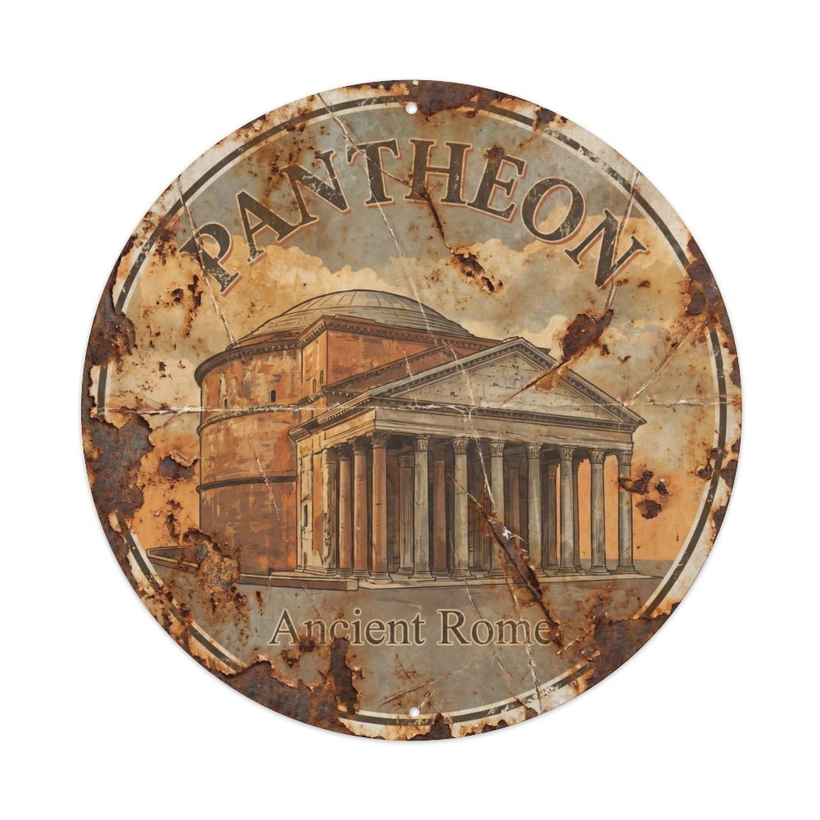 Vintage Travel Pantheon Rome Ancient 1 Metal Tin Sign Plaque Wall Decor for Cafe, Club, Garden Round Metal Poster 8x8Inch