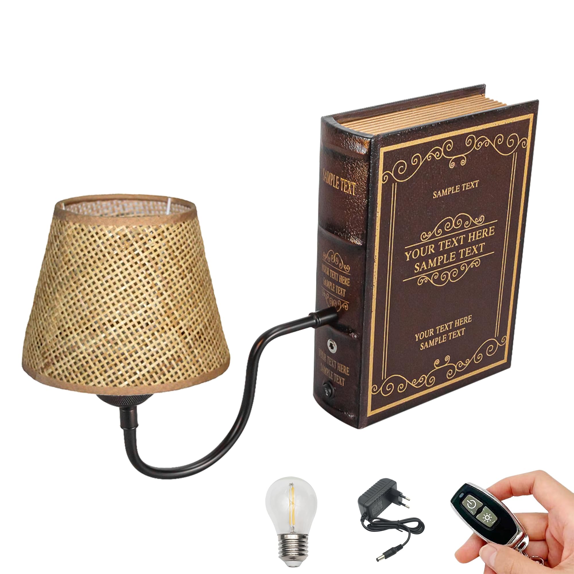 LED Buchlampe mit Fernbedienung, Vintage Dimmbar Nachttischlampe mit Stoffschirm 1xE27-Fassung, Wiederaufladbare Tischlampe Zeitschaltuhr für Nachttisch Beistelltisch DZ0316