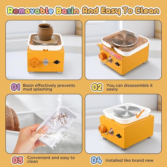 Mini Electric Pottery Wheel, Couleeur 2000RPM & 10/6.5cm Plates Turntable Pottery Machine, Adjustable Speed Pottery Wheel with Shaping Tools for Pottery DIY Shops, Pottery Teaching(Yellow)