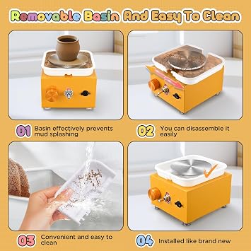 Mini Electric Pottery Wheel, Couleeur 2000RPM & 10/6.5cm Plates Turntable Pottery Machine, Adjustable Speed Pottery Wheel with Shaping Tools for Pottery DIY Shops, Pottery Teaching(Yellow)