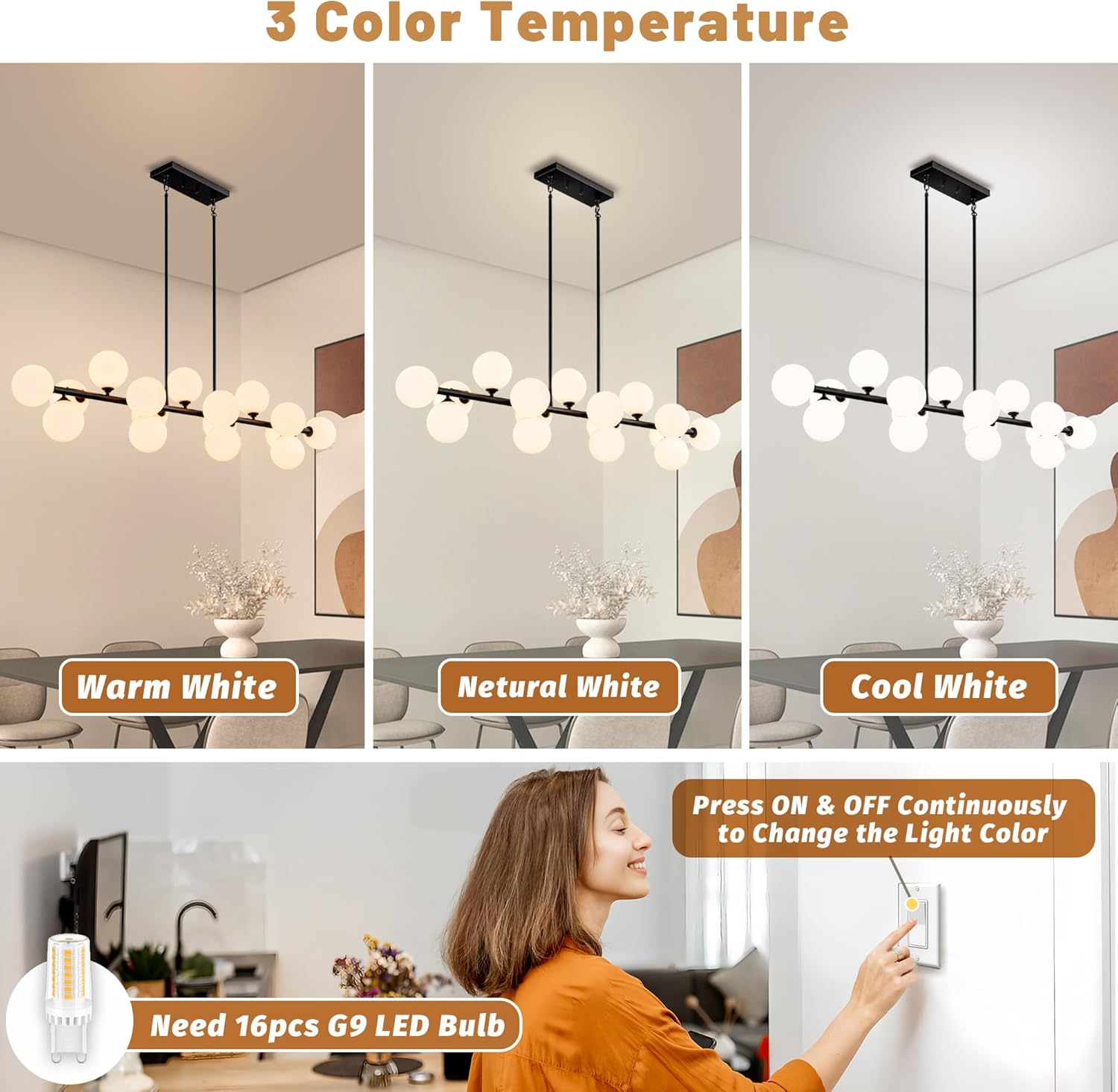 Linear Chandeliers for Dining Room, 55inch Glass Globe Chandelier Black Linear Sputnik Chandeliers 16 Light Large Long Modern Chandelier Milk White Glass Bubble Chandelier Kitchen Island Lighting