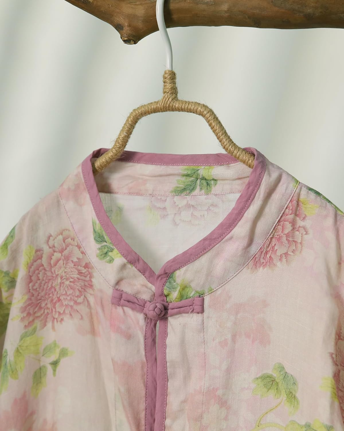 Women's 100% Ramie Floral Blouse, Chinese Style Loose Frog Button Cardigan, Lightweight Sheer Summer Cover Up with Pockets