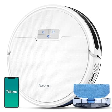 Tikom Robot Vacuum and Cleaner, G8000 Pro Robot Vacuum, 4500 Pa Strong Suction, Auto Charging, WiFi, 150 Minutes MAX, Ideal for Pet Hair, Carpets and Hard Floors, White