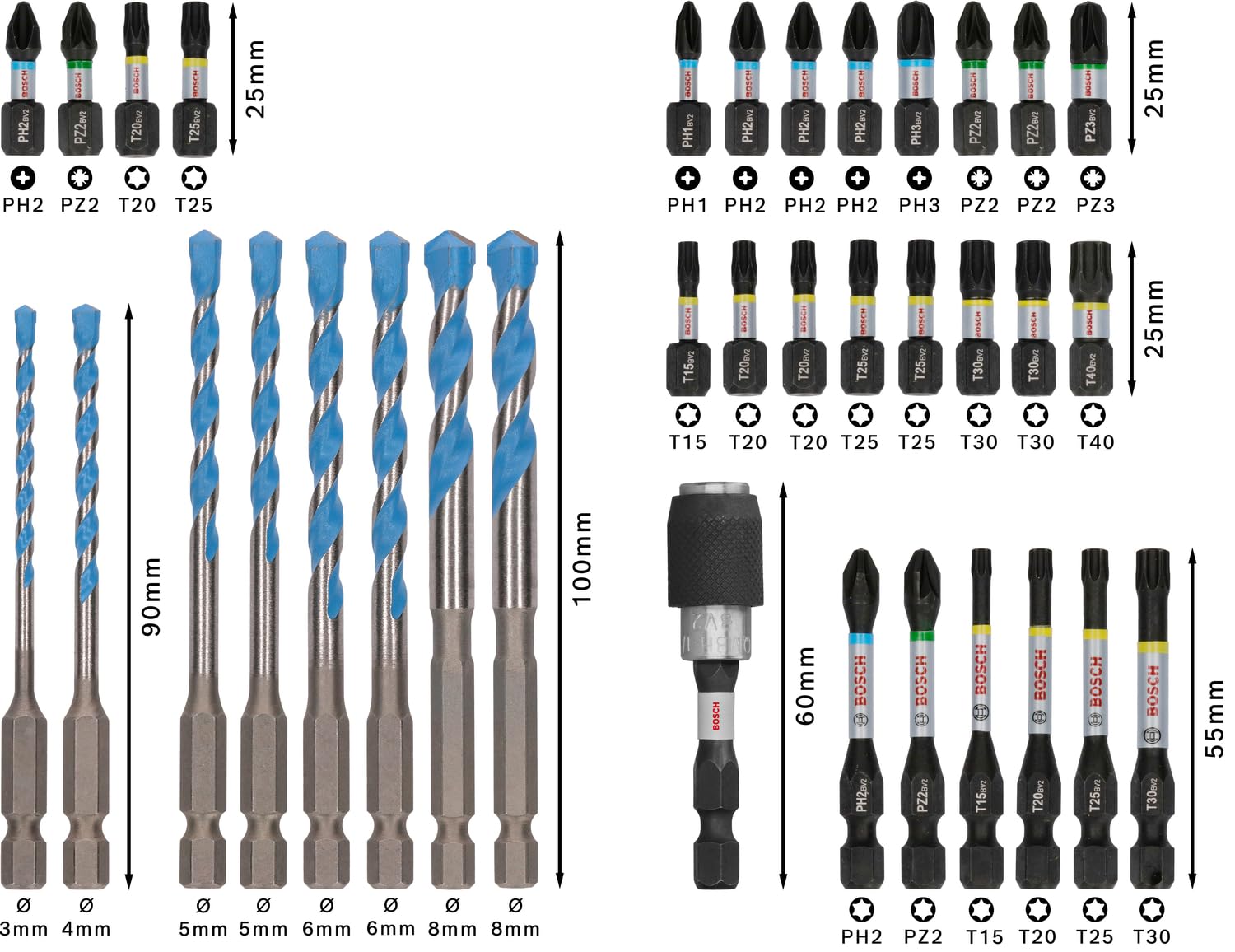 Bosch 35 x PRO Impact Mixed Set de 35 piezas (para hormigón, azulejos blandos, 200 x 107 mm, accesorios profesionales, destornillador, destornillador)