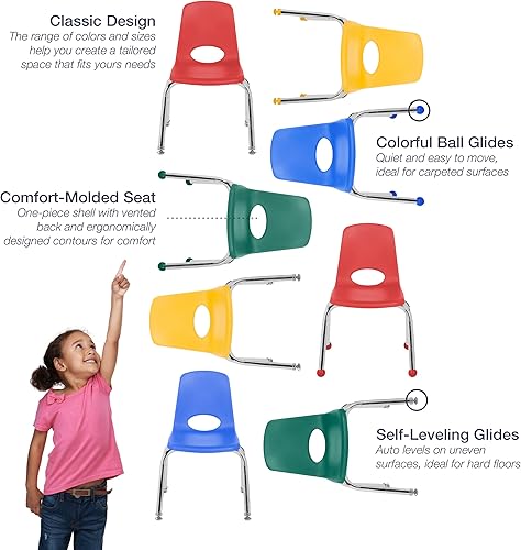 Miniatura 8 de FDP - Silla de pila escolar de 10 pulgadas asiento de estudiante apilable con patas de acero cromado y deslizamientos de bola para aprendizaje en