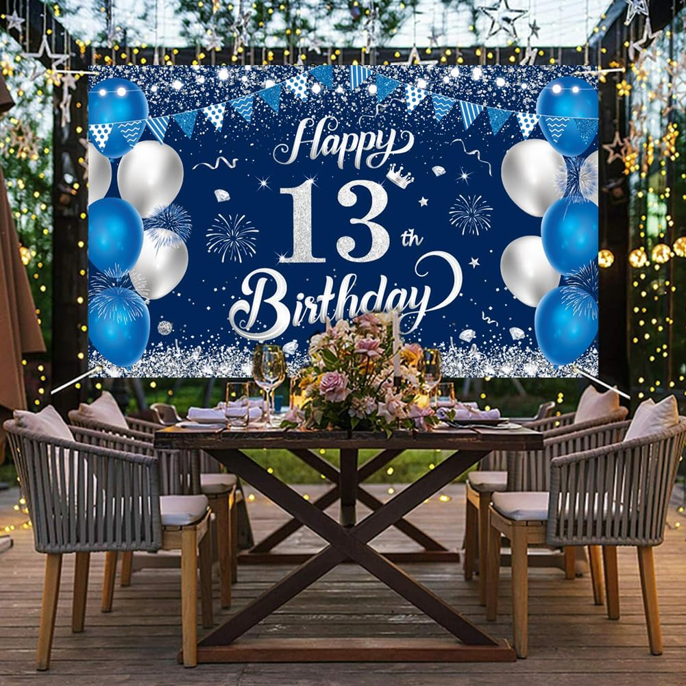Striscione Glitterato 'Felice 13° Compleanno' Blu Per Ragazzi - Festone Con Lettere Da Legare, 3 Metri, Decorazione Per Torte E Sfondi Foto - 3