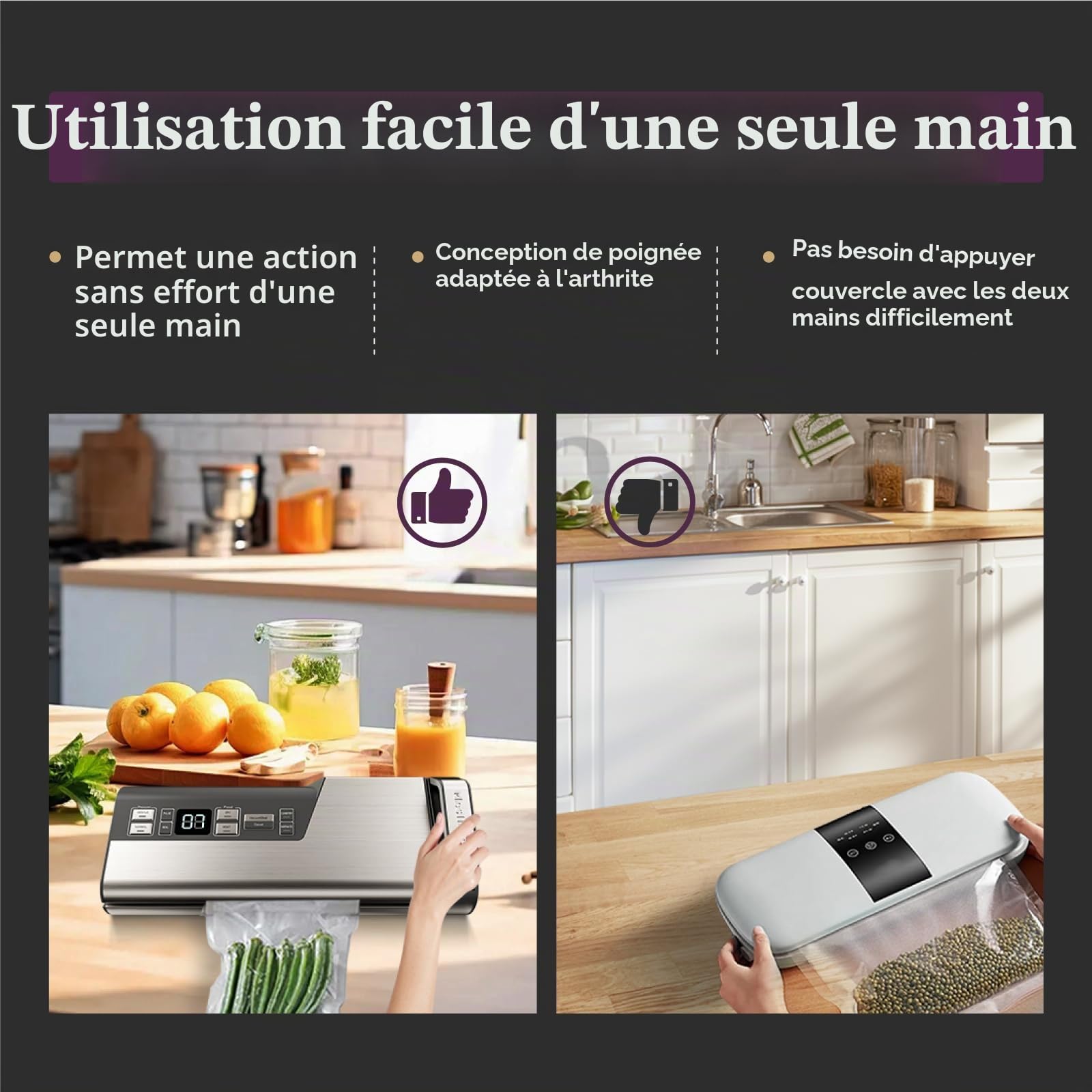 Machine à emballer sous vide Mesliese, 95 kPa 120 W, à main, double étanchéité avec cutter intégré, affichage compte-rebours, 2 rouleaux sacs, 5 sacs prédécoupés