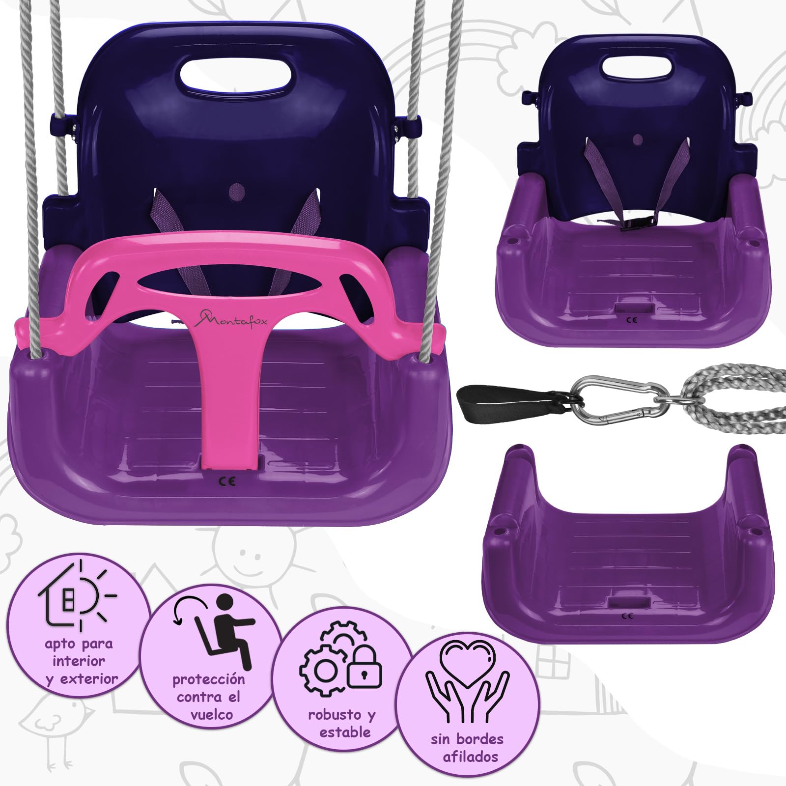 Montafox Columpio para niños bebés 3 en 1 Ajustable en Crecimiento con Respaldo arnés con Correa, Color:Lila