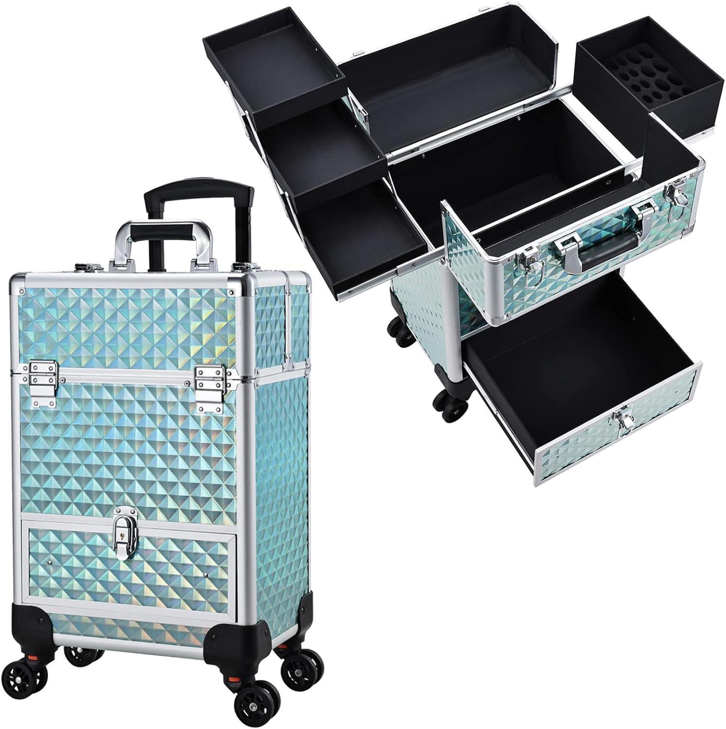 Hododou Rolling Makeup Case Cosmetic Train Case Travel Trolley Cosmetic Storage with Sliding Drawer 4 Trays Makeup Travel Case with Key Swivel Wheels Salon Barber Case Traveling Cart Trunk for Cosmetologist, Nail Tech, Hairstylist - Black : Clothing, Shoes & Jewelry