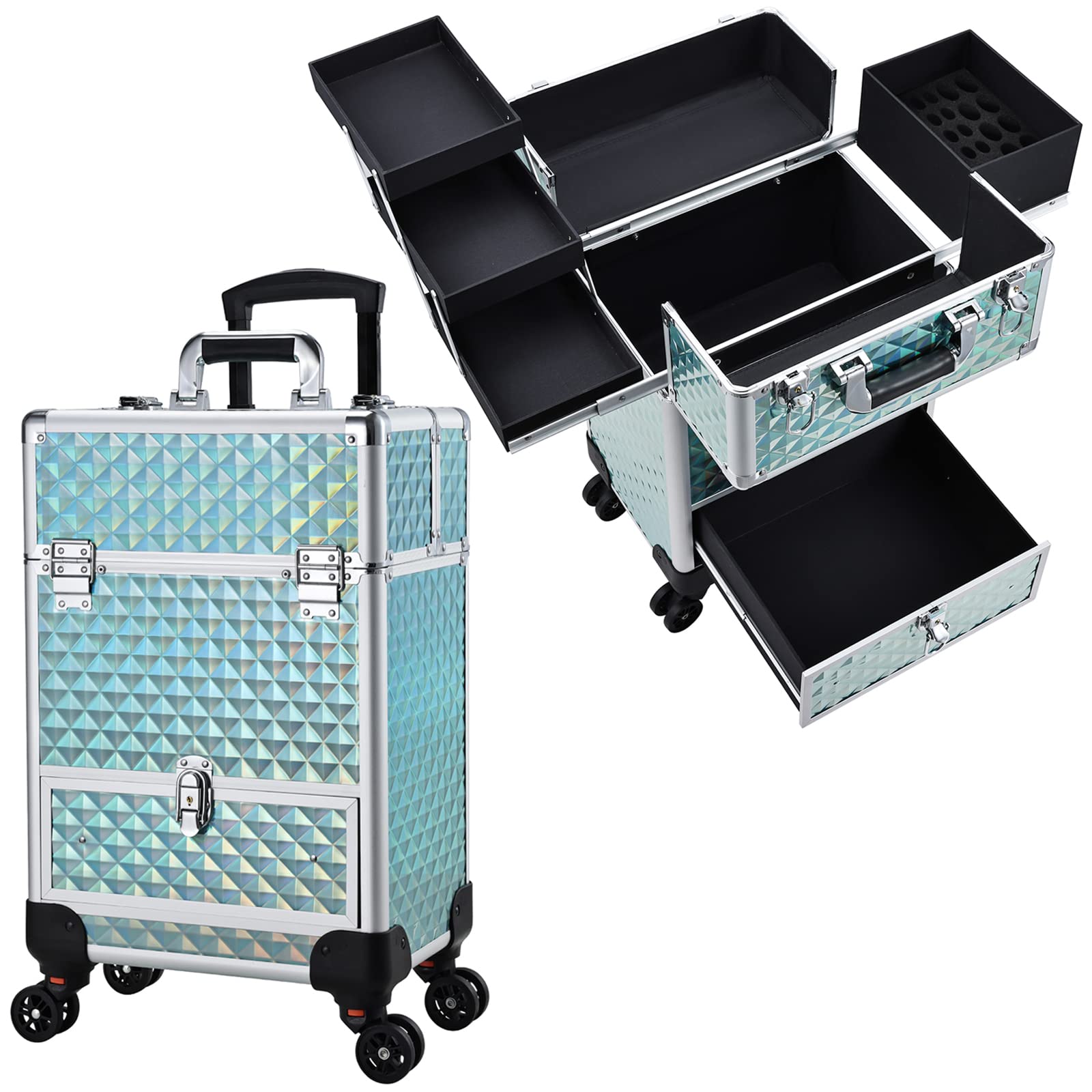hododou rolling makeup case cosmetic train case with drawer travel trolley cosmetology case on wheel makeup storage salon barber case traveling cart trunk for cosmetologist, nail tech, hairstylist - blue