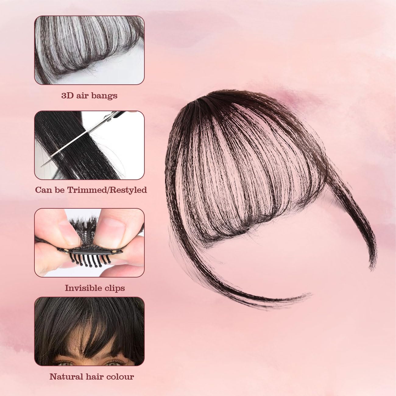 Flequillo con clip, cortina curvado 3D Air con clips invisibles en las templo, postizo pelo sintético extensiones, postizos para mujeres y niñas, uso diario, negro marrón