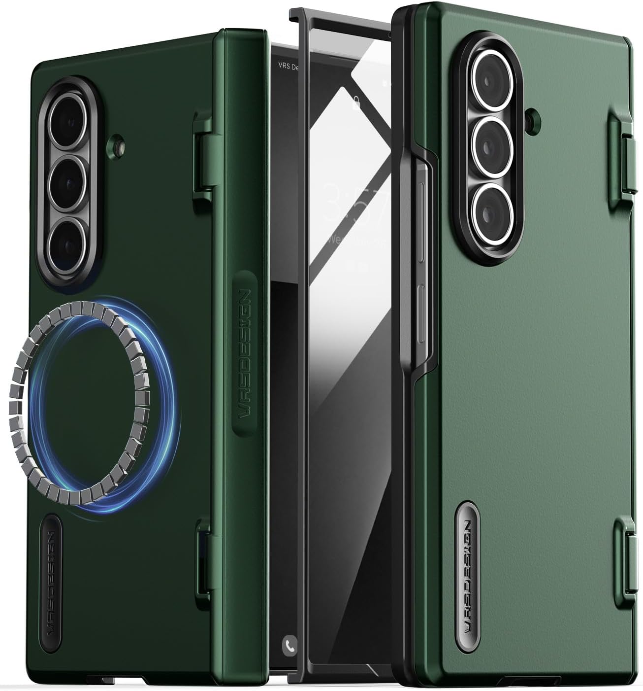 VRS DESIGN Terra Guard Modern for Galaxy Z Fold 7 (2025)  Magnetic Phone Case with Built-in Screen Protector, Rugged Dual Layer Protection & Spring-Loaded Hinge Cover (Metallic Green)