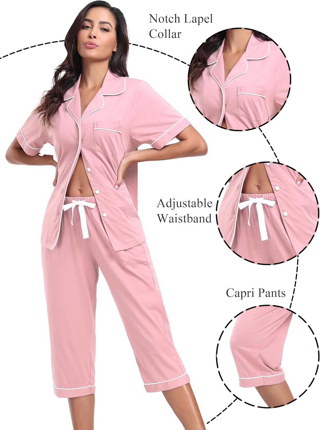 COLORFULLEAF 100% Cotton Women's Pajama Sets Short Sleeve Capri Pajamas for Women Set Button Down Pjs Soft Sleepwear Summer - Image 5