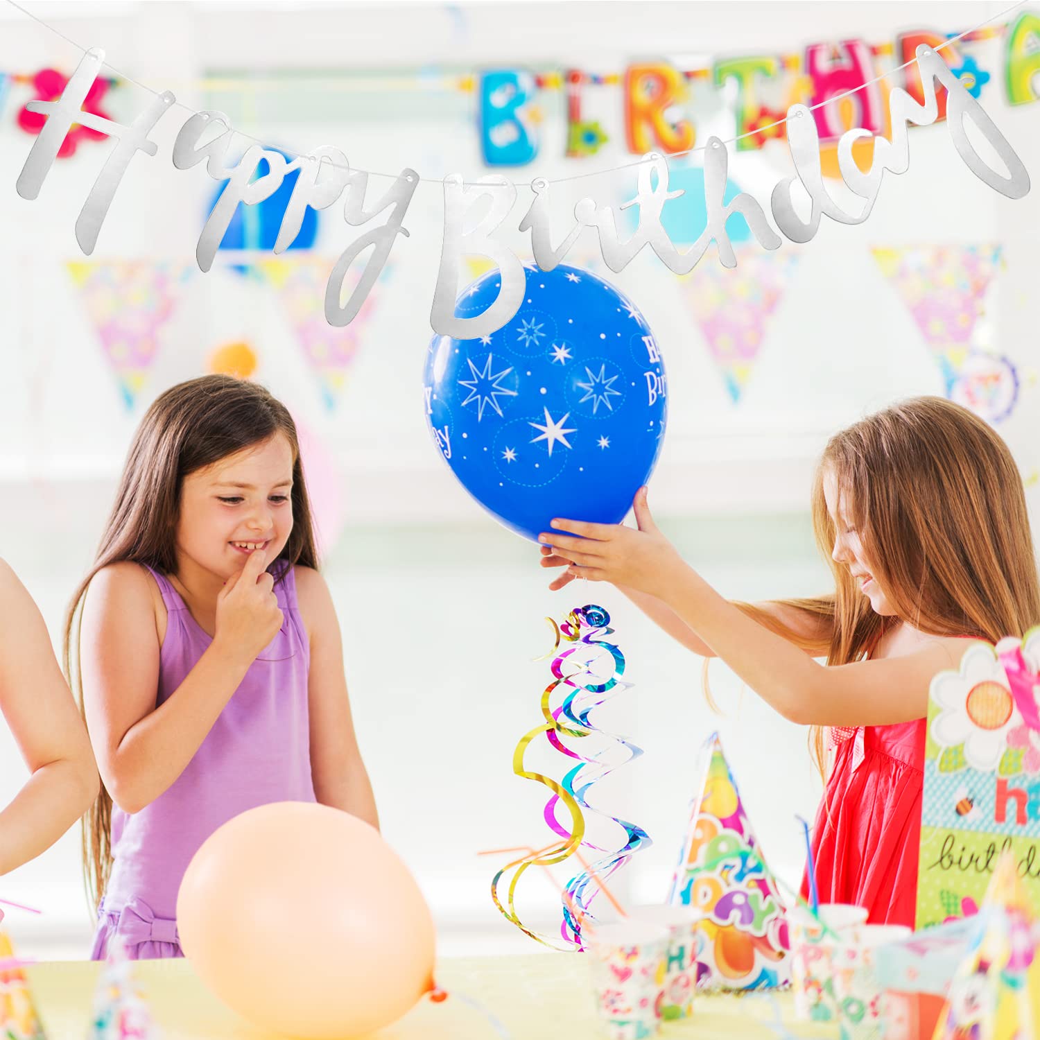 Striscione con scritta Happy Birthday con glitter argentati, con scritta Happy Birthday e scritta Happy Birthday (argento