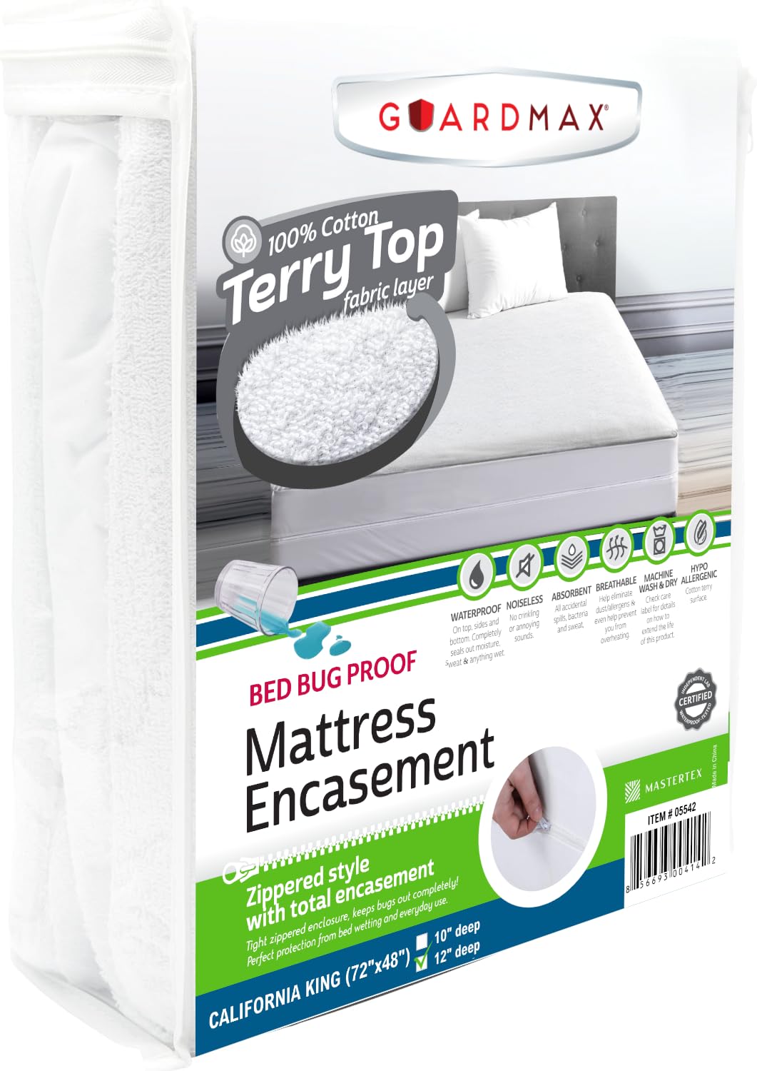 Guardmax California King Mattress Encasement Zippered,100% Waterproof Mattress Protector,Soft Absorbent Cotton Terry Top Mattress Cover for Kids,Adults,Pets, Bed Bug & Dust Mite Proof Bed Cover(White)