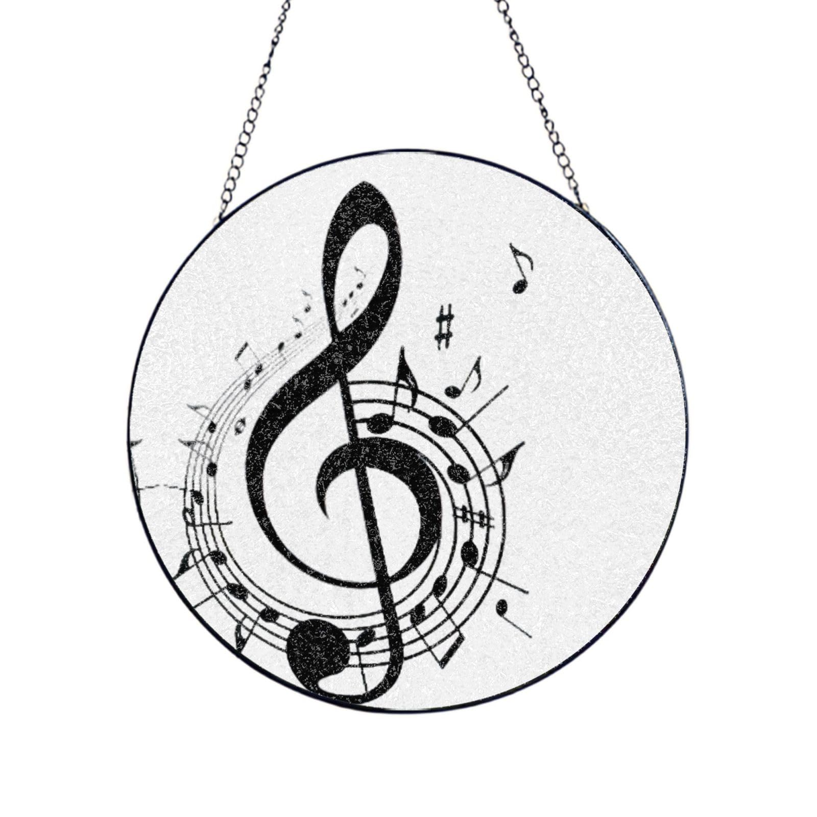 Phayah Music Print Glass Window Hanging Round Suncatcher Glass Ornament Garden Wall Fence Decorations Indoor Outdoor 12in（30cm）