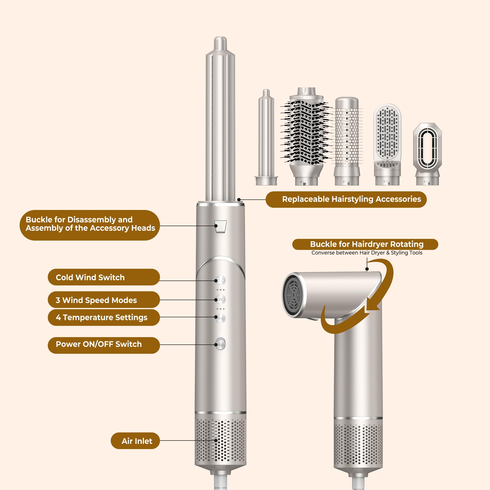 UKLISS 7 in 1 Hairstyler Pro Airstyler Ionen Föhn High-speed Haartrockner Heißluft Lockenwickler Thermal Brush Haarglätterbürste Warmluftbürste Föhnbürste Stylingbürsten Hair Styler, Champagnergold