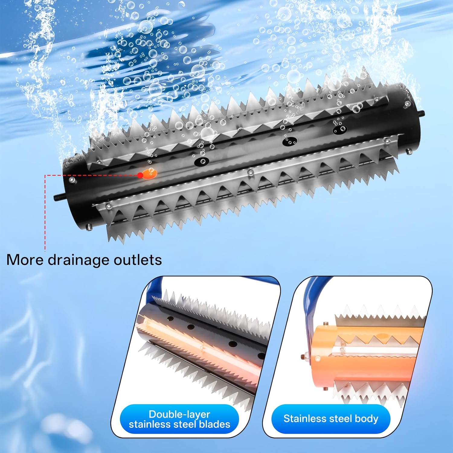 14ft Stainless Steel Lake Weed Roller, Beach Roller Lake Weed Remover, Rid Weeds Roots and Muck Buildup, 4 Aluminum Handles, 6 Preassembled Stainless Steel Blades, Easy Assembly with Gloves Attached
