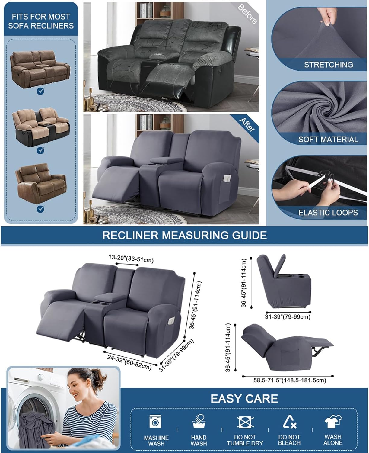 Reclining LoveSeat with Middle Console Slipcover,7Piece Milk Shreds Stretch Recliner Chair Covers/Loveseat Sofa Covers,Thick, Soft, Washable, Navy Blue