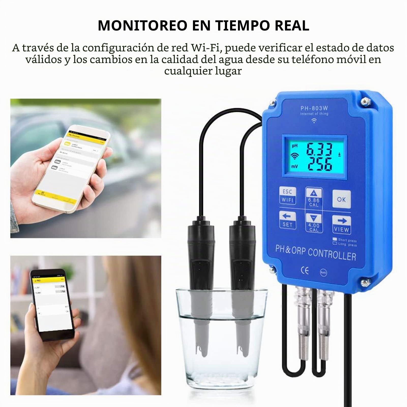 PH ORP Medidor de Prueba de Agua de Parámetros Múltiples con Controlador ORP Redox para Monitoreo y Control de Calidad del Agua a Largo Plazo(EU Plug 250V)
