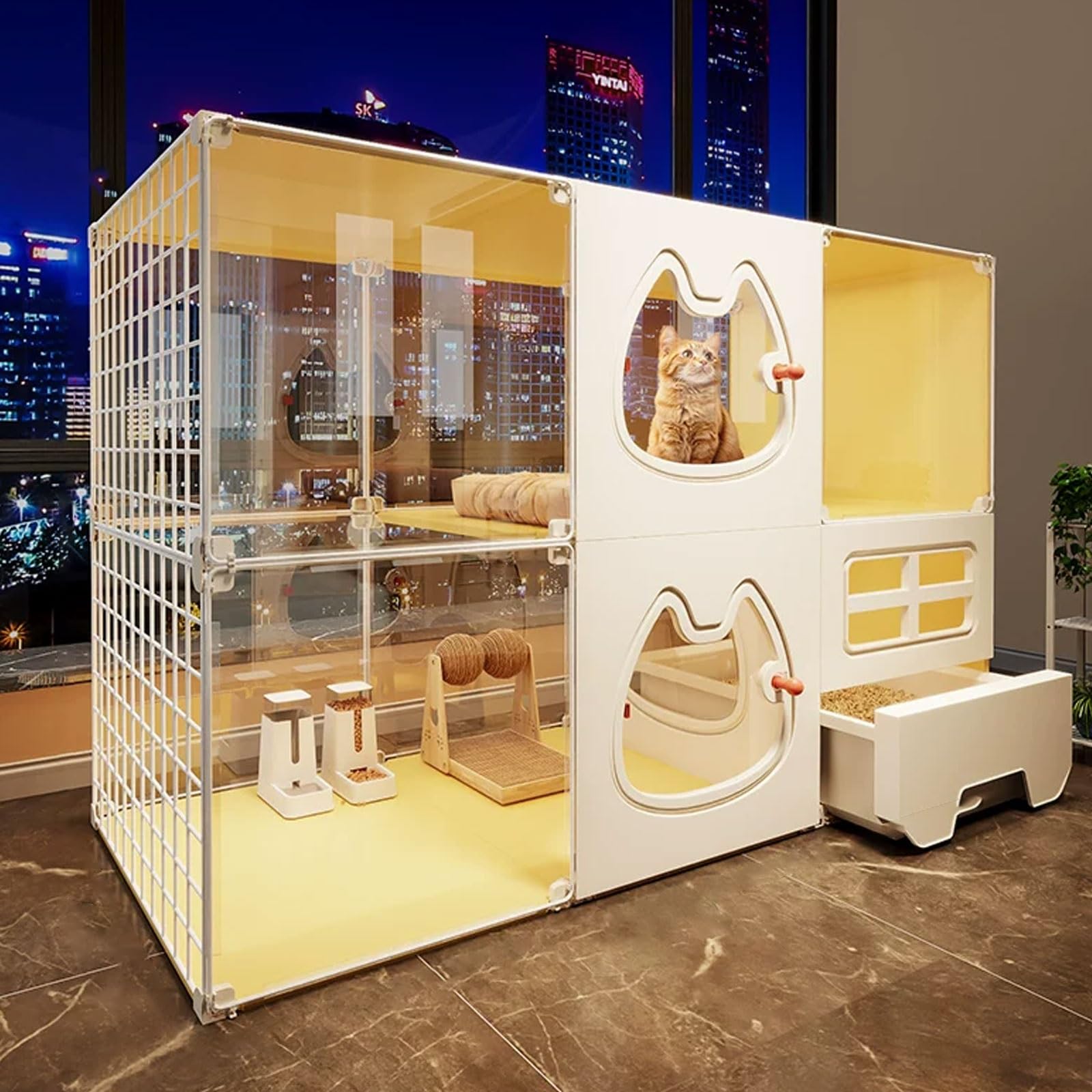 Cat Enclosure Playpen for Indoor Cats with Drawer Litter Box, Large Space Cat Cage for 1-2 Cats, PP and Iron Material