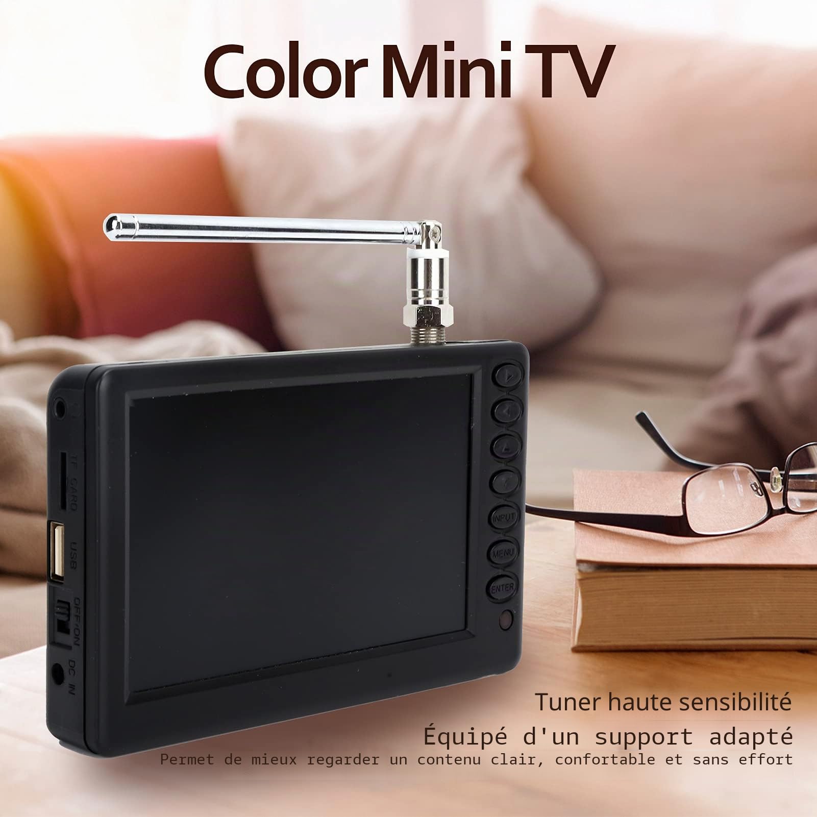 TV portable rechargeable de 5", 1080p HD TV 1500 mAh Petit téléviseur numérique avec antenne prend en MKV/MOV/AVI/WMV/MP4/FLV/MPEG1-4/MP3, téléviseur analogique numérique