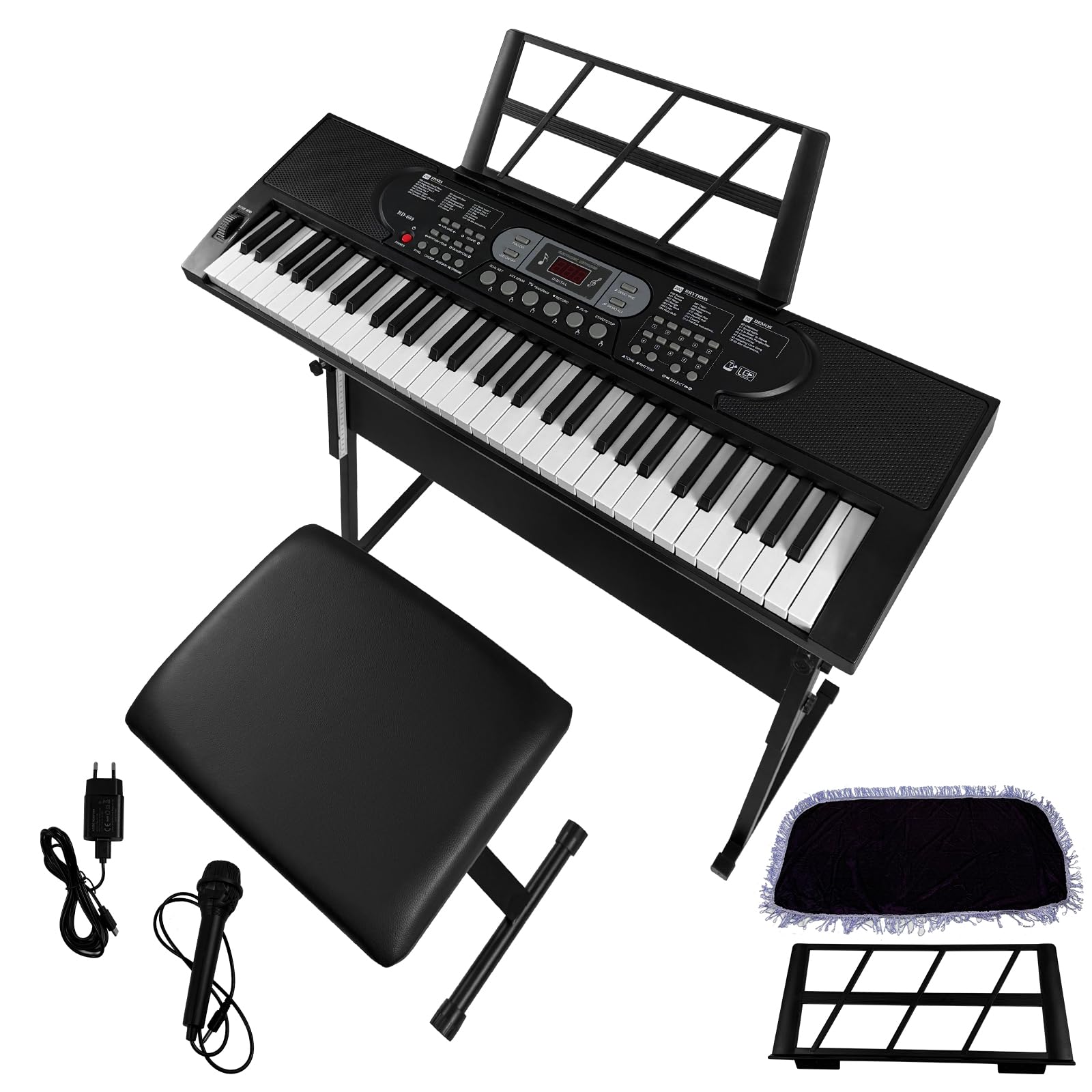 Keyboard Piano 61 Tasten E-Piano Set für Anfänger Kinder | Digitalpiano mit Leuchttasten & 3 Lernmodi. Komplettes Zubehör mit Hocker, Ständer & Mikrofon. Spielspaß für Zuhause.