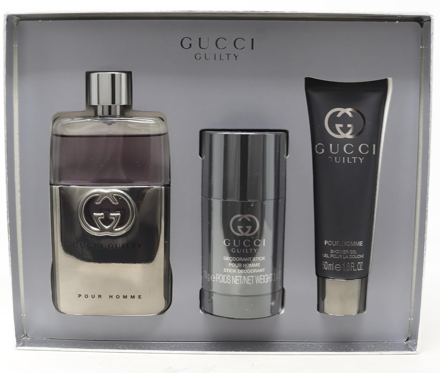 Gucci Guilty Pour Homme 3 Pcs Gift Set: Eau de Parfum 90ml Spray + 75ml Deo + 50ml Gel – Hard Box