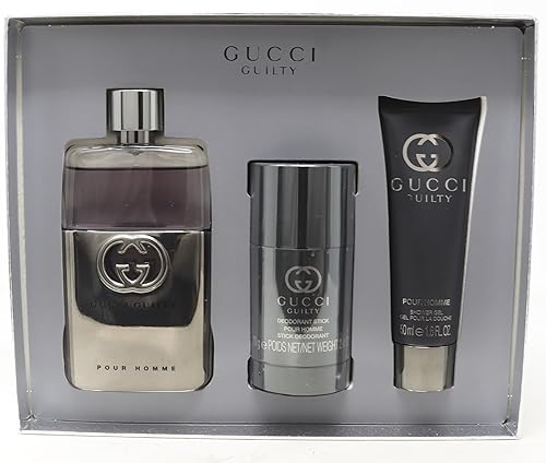 Gucci Guilty Pour Homme - Set de regalo de 3 piezas: Eau de Parfum 3.0 fl oz Spray + 2.5 fl oz Deo + 1.7 fl oz Gel - Caja dura