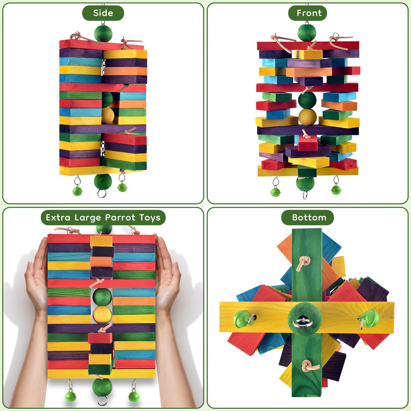 ERKOON Extra großes Vogelspielzeug für Papageien, afrikanisches Grau, Amazon-Papageien, mehrfarbig, natürliche Holzblöcke, Papageien-Kauspielzeug, Vogelkäfig-Zubehör