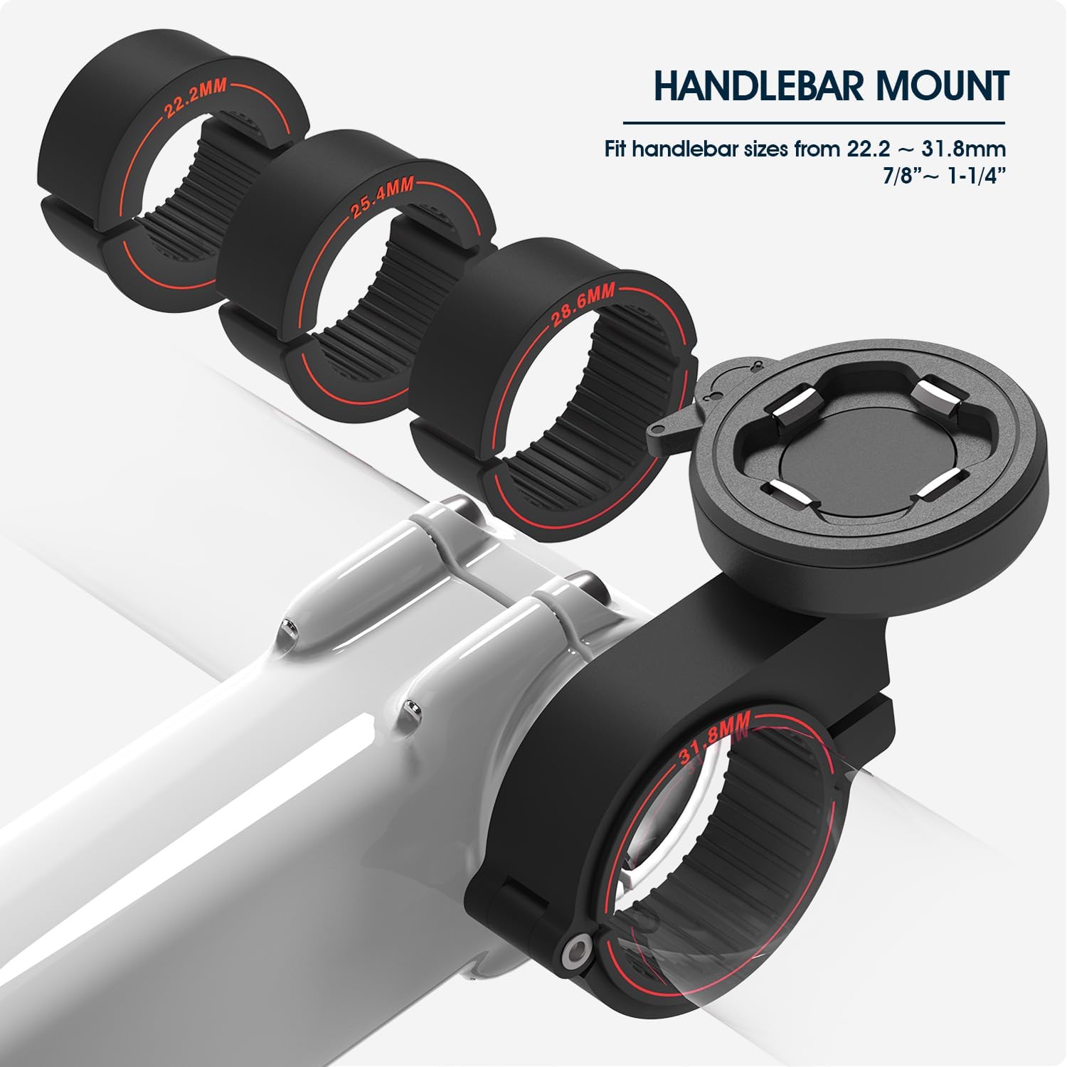 Bike Handlebar Phone Mount with Shockproof Silicone Grip – Quick-Lock Aluminum Out-Front Holder with Quad Safety Buckles & Elastic Strap, Fits 4.0”–6.7” Phones – Secure Fit for Road & Urban Rides