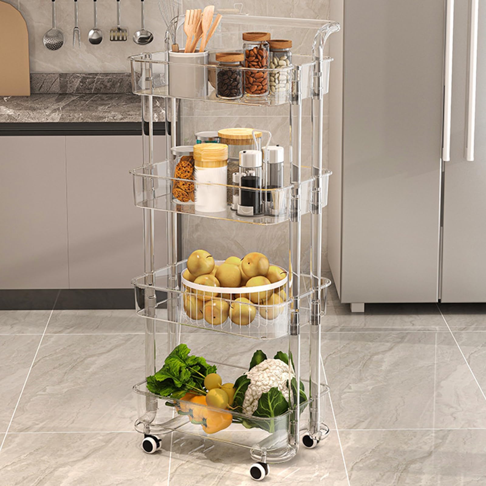 SDdPulse Carrello portaoggetti multifunzione con ruote bloccabili, per cucina, bagno, casa e ufficio, scaffale mobile per una facile organizzazione, 4 ripiani, trasparente, 4 ripiani