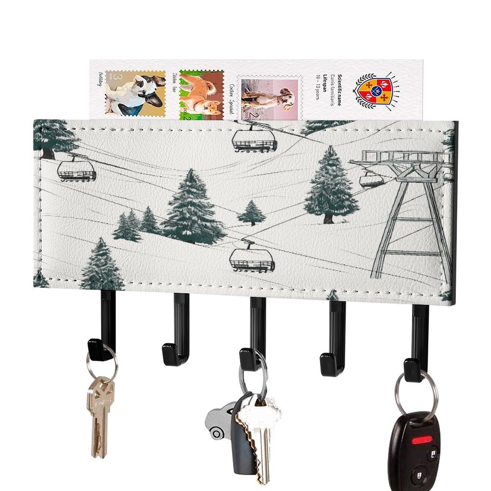 LDGSUPH Ski Lift with Fir Tree Key Holder Wall Mount Key Hanger with 5 Hooks Fashion Key Organizer Rack Hanging Key Hooks with Mail Organizer Key Rack for Home Entryway Hallway Black-Style