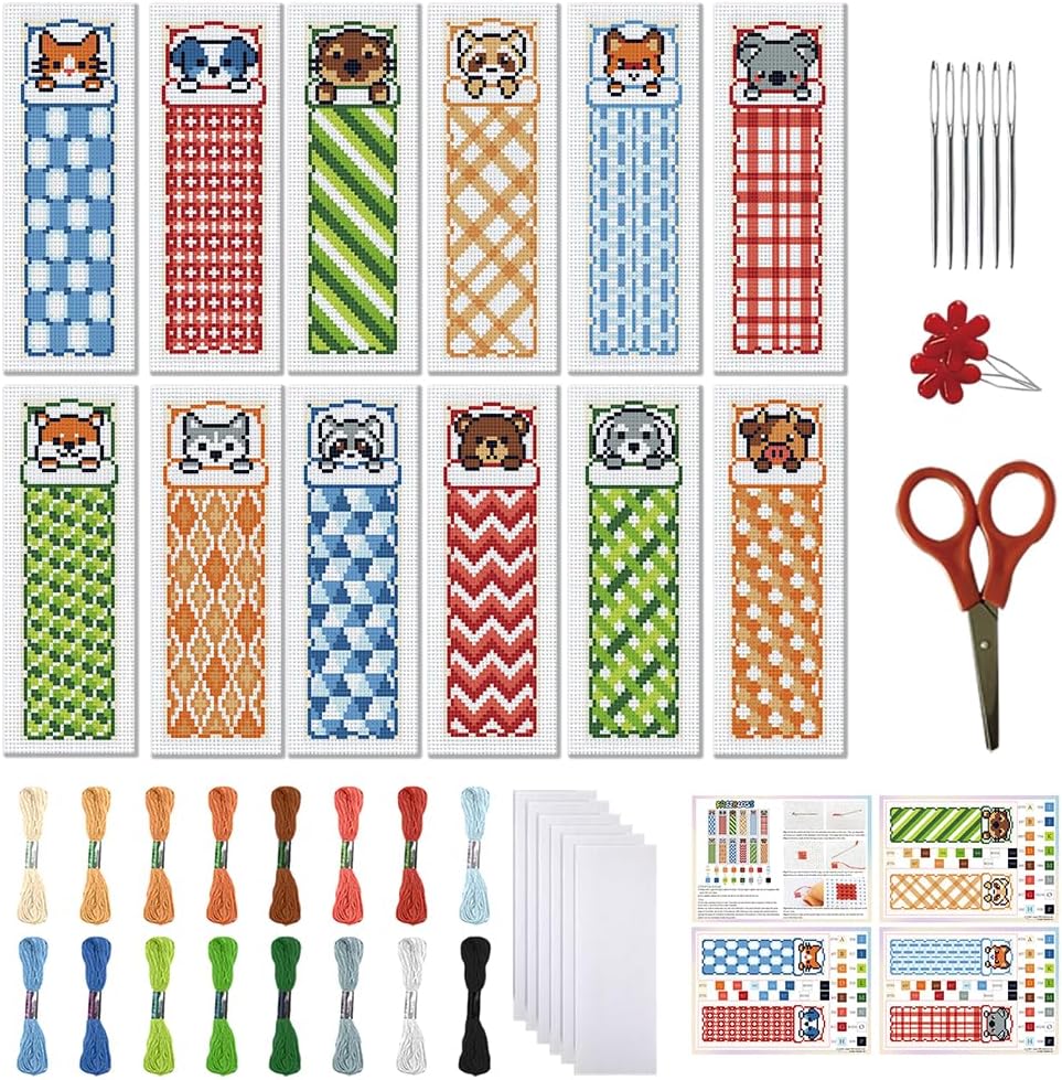 FREEBLOSS 12 Set Cross Stitch Bookmark Kit 11CT DIY Cross Stitch Kits Animal Quilt Pattern Stamped Embroidery Kit with Instructions Bookmark Making Set for Adult Beginners 8x2.4inch