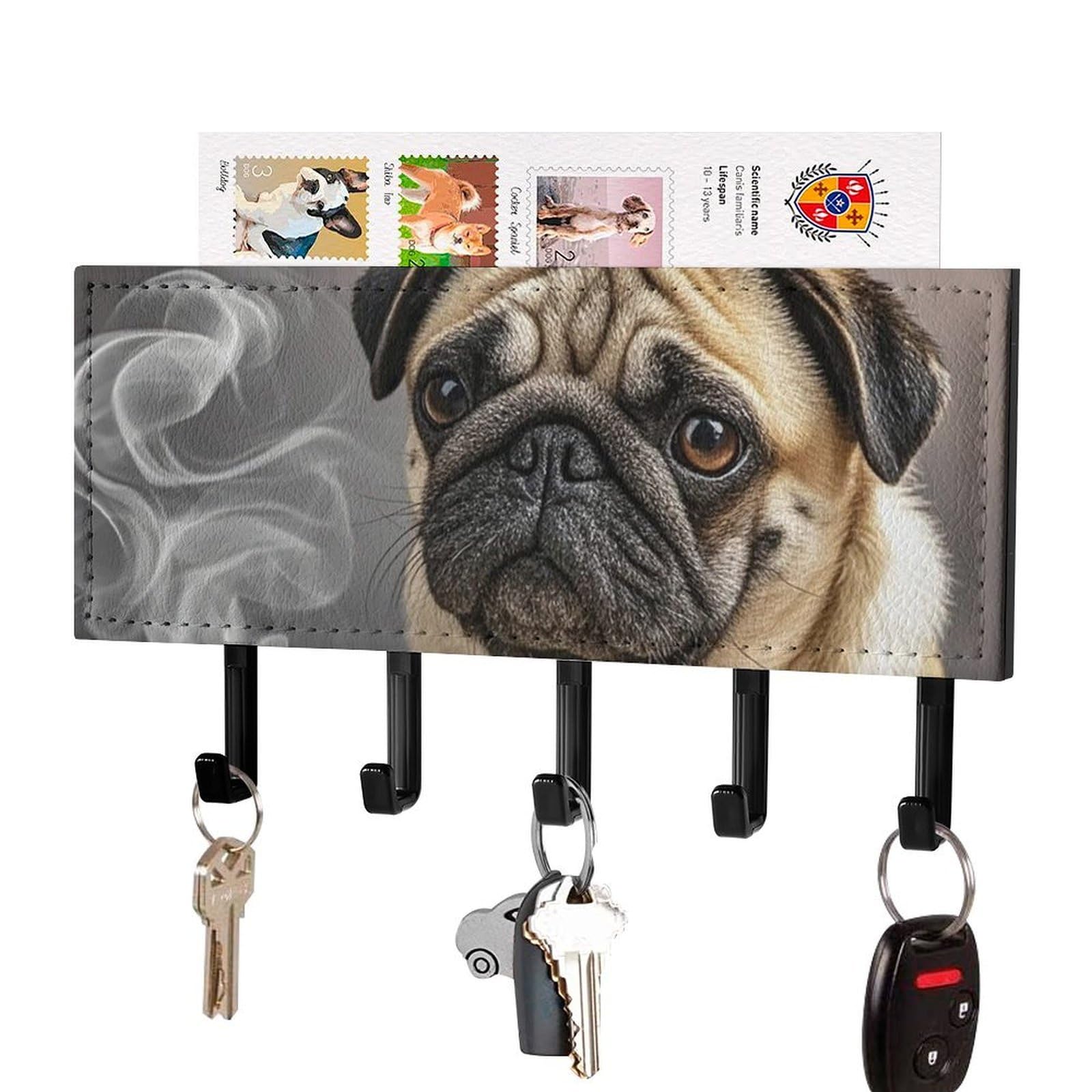 Fekiloot Black-Style Pug Pizza Key Holder Wall Mount Key Hanger With 5 Hooks Decorative Key Rack Hanging Key Hooks With Mail Organizer Key Holder For Wall Living Room Kitchen Bathroom Hallway Black