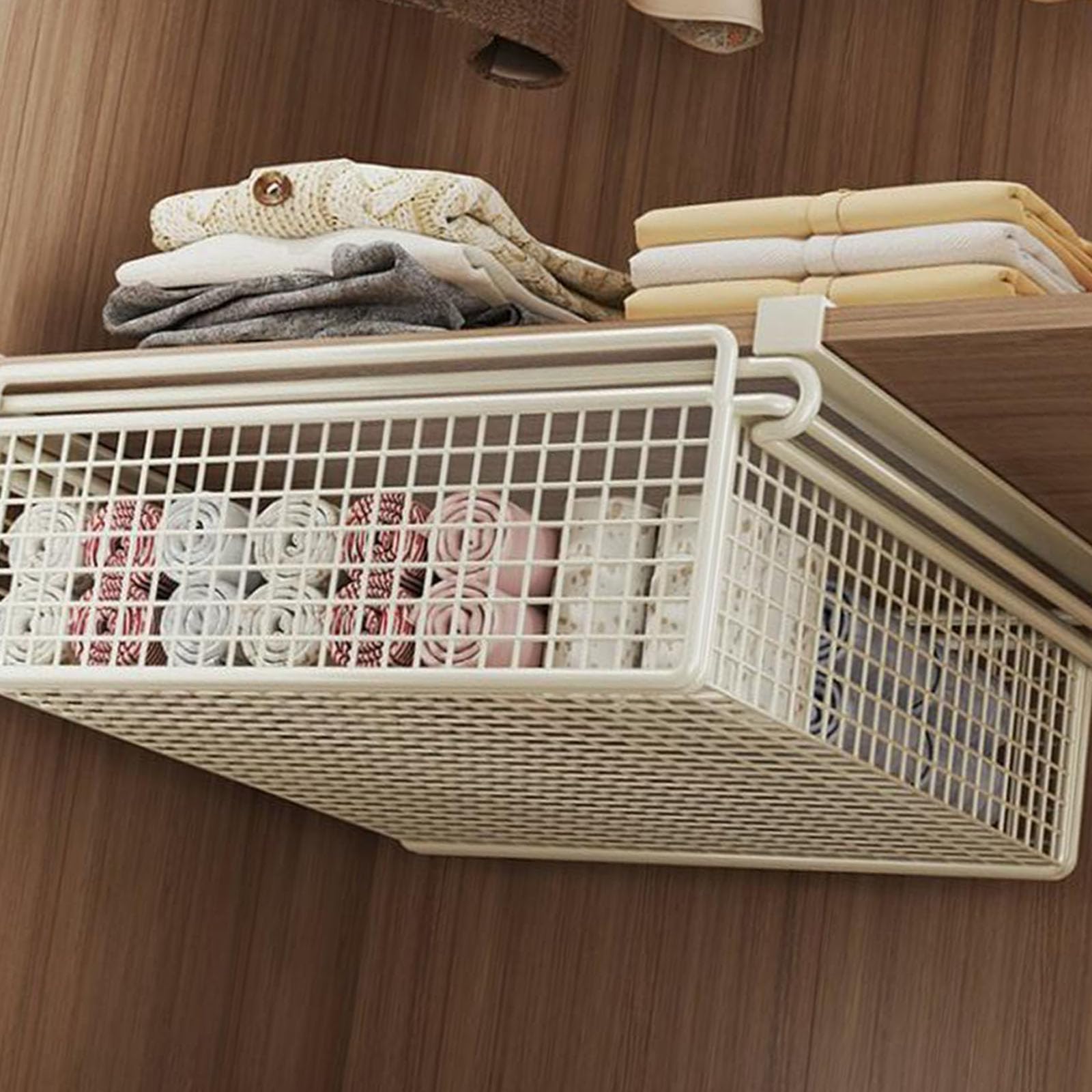 Sueale White Hanging Pullout Drawer Metal Clothing Pull Out Basket Cabinet Organizing Bin Under Shelf Storage Basket Storage Solution Shelf Rack