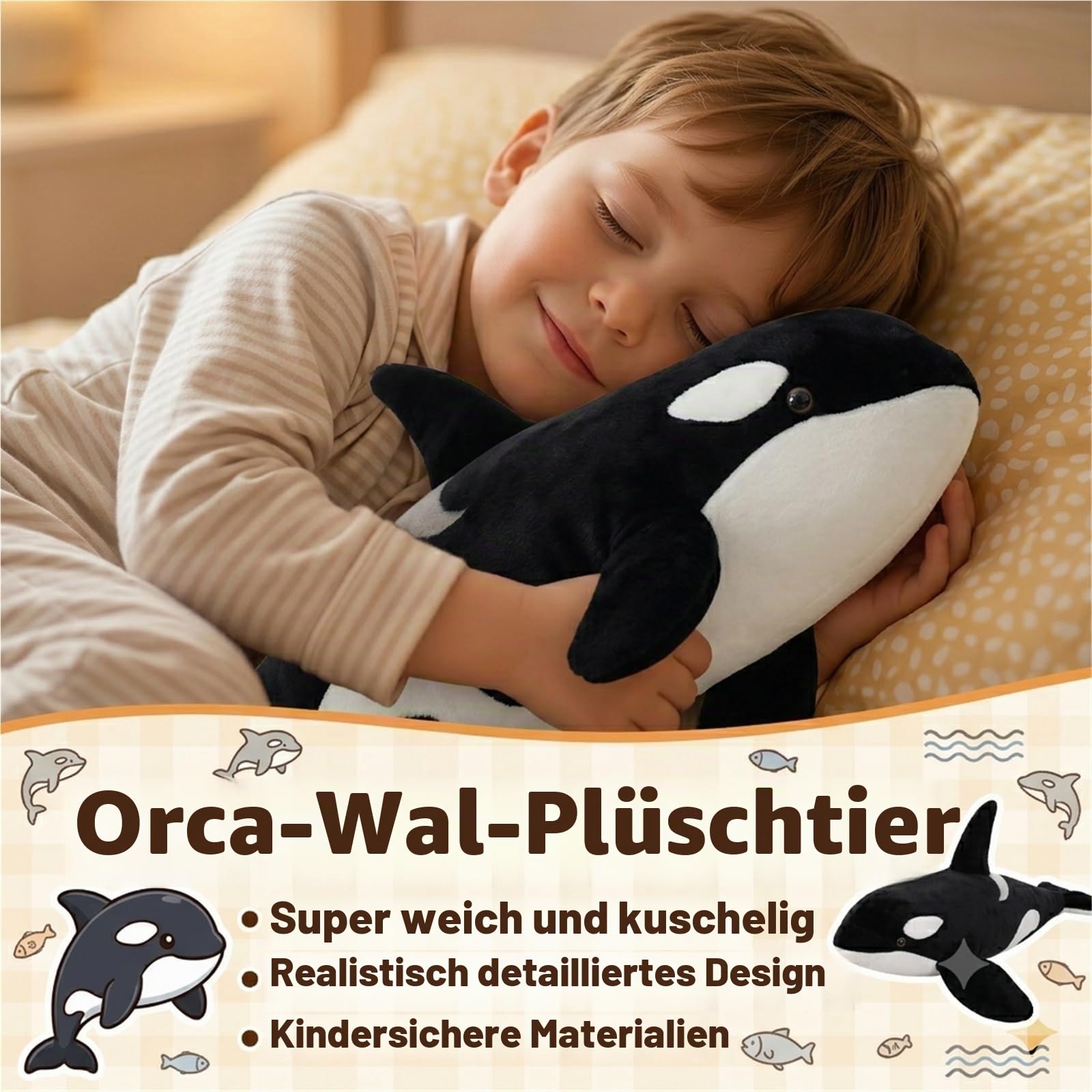 Realistisches Orca-Wal-Plüschtier, Riesiger, Weicher Und Kuscheliger Killerwal, Stofftier for Kinder Und Erwachsene, Heimdekoration(130cm/51.2in)
