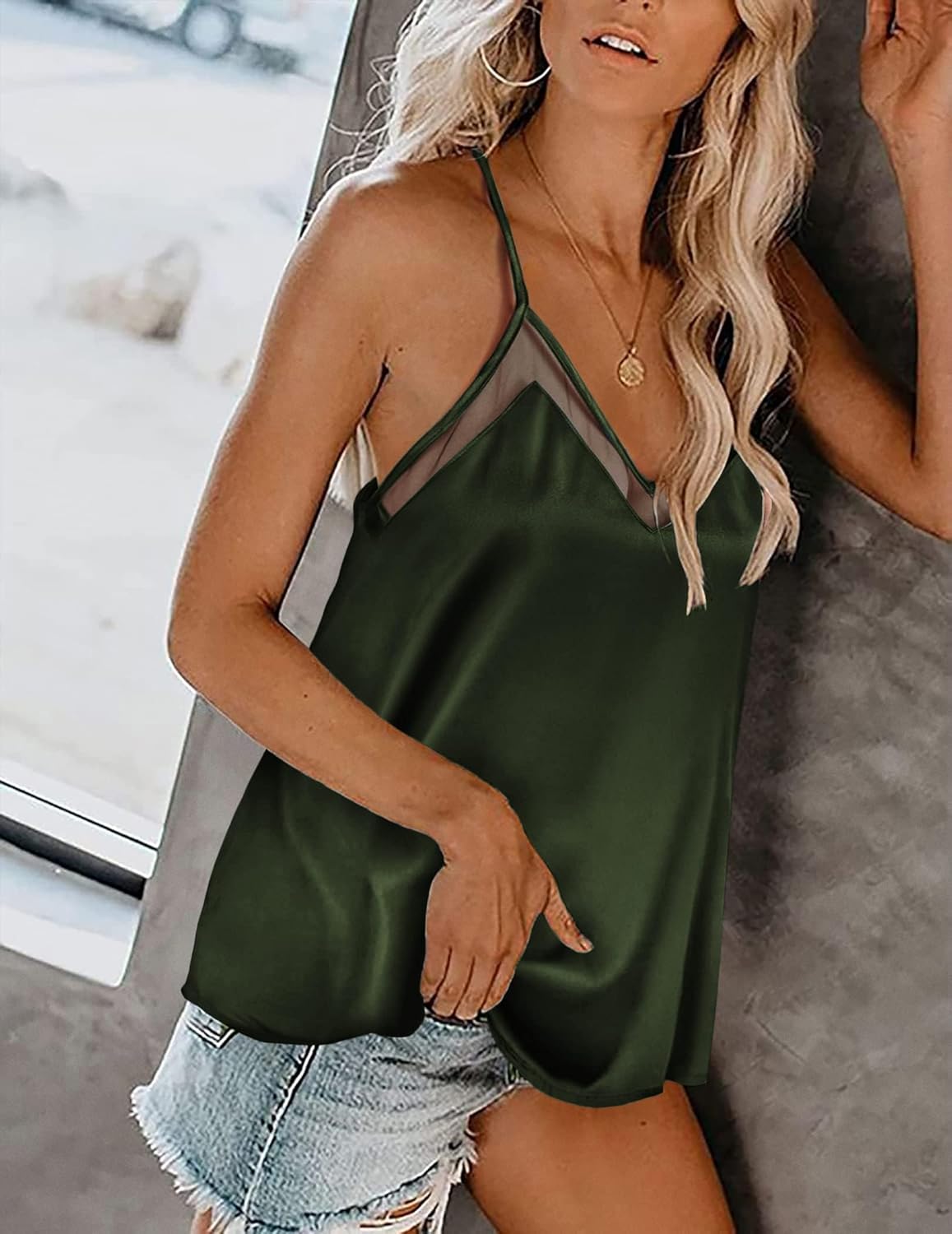 Ekouaer Womens Silk Satin Cami Tank Top 2026 Mesh V-Neck Adjustable Strap Sleeveless Summer Camisole Blouse - Image 3