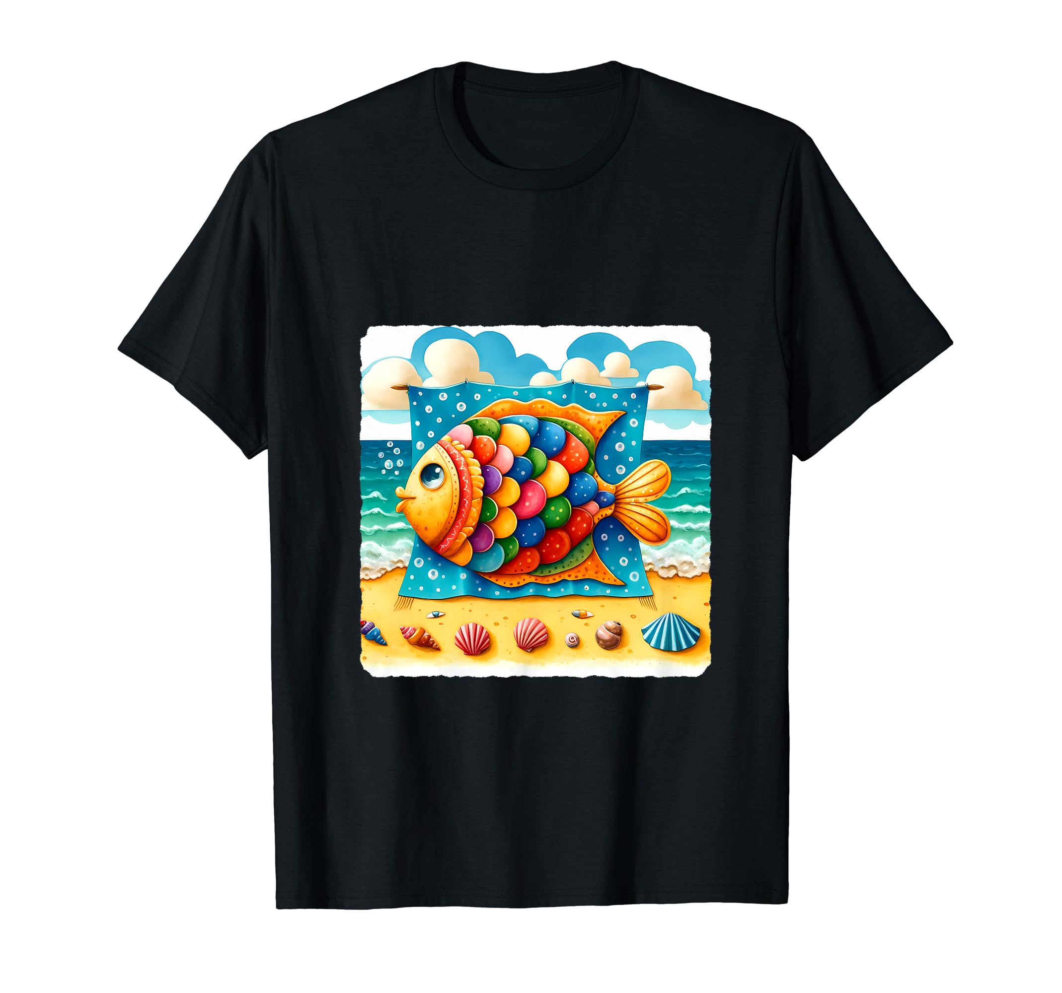 Seaside Marine Coastal Aquatic Holiday VacationColorful Fish With Seashells On Sandy Shore. Beach Waves T-Shirt