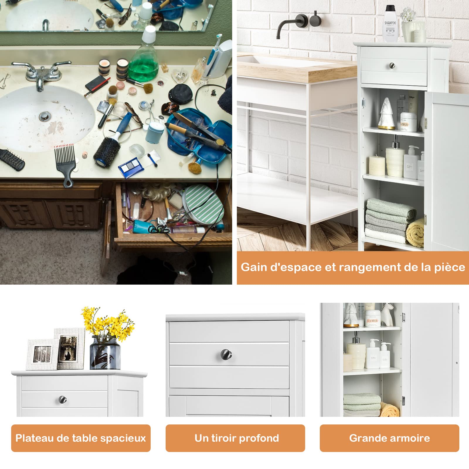 GIANTEX Meuble sur Pied pour Salle de Bain, Meuble d'Appoint Grand Tiroir et 2 Etagères Réglables avec Porte pour Chambre, Salon, 35,5x30,5x88 cm
