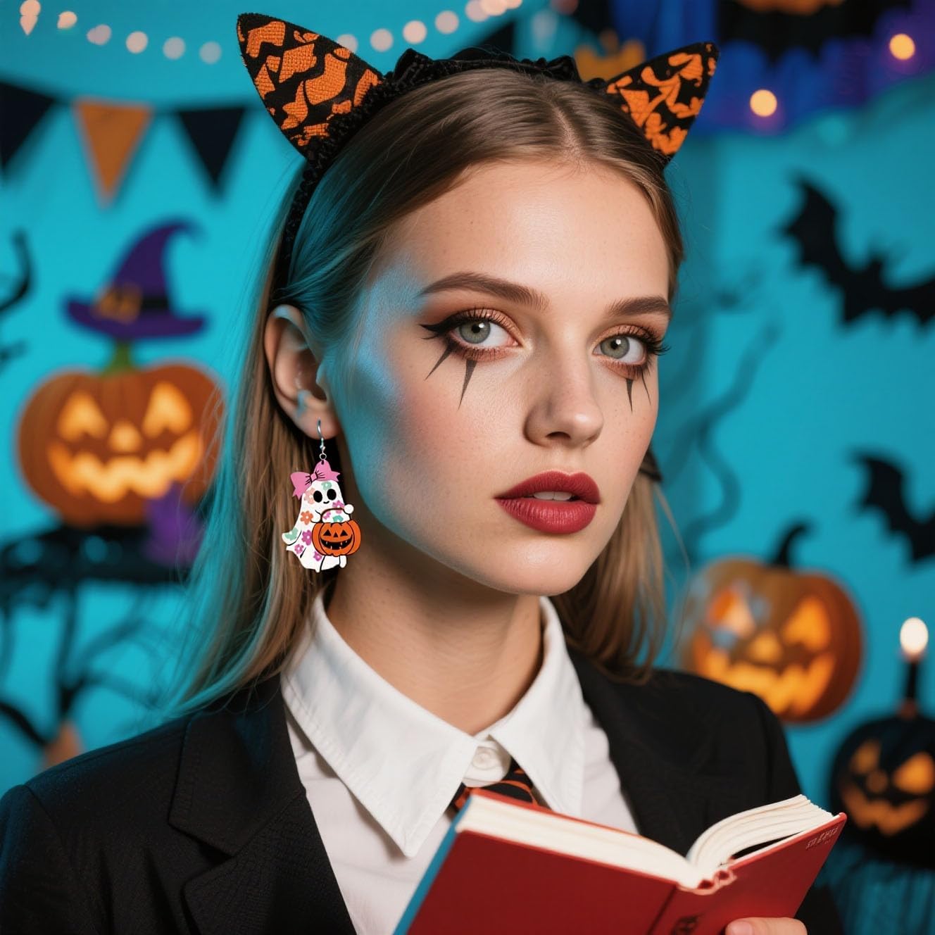 Halloween Earrings for Women Cute Ghost Pumpkin Candy Dangle Drop Earrings Cartoon Wooden Earring Halloween Witch Earring Jewelry Emo Accessories - Image 2